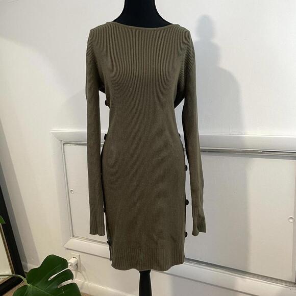 Khaki green ribbed knit mini dress with buttons and long sleeves - Picture 3 of 7